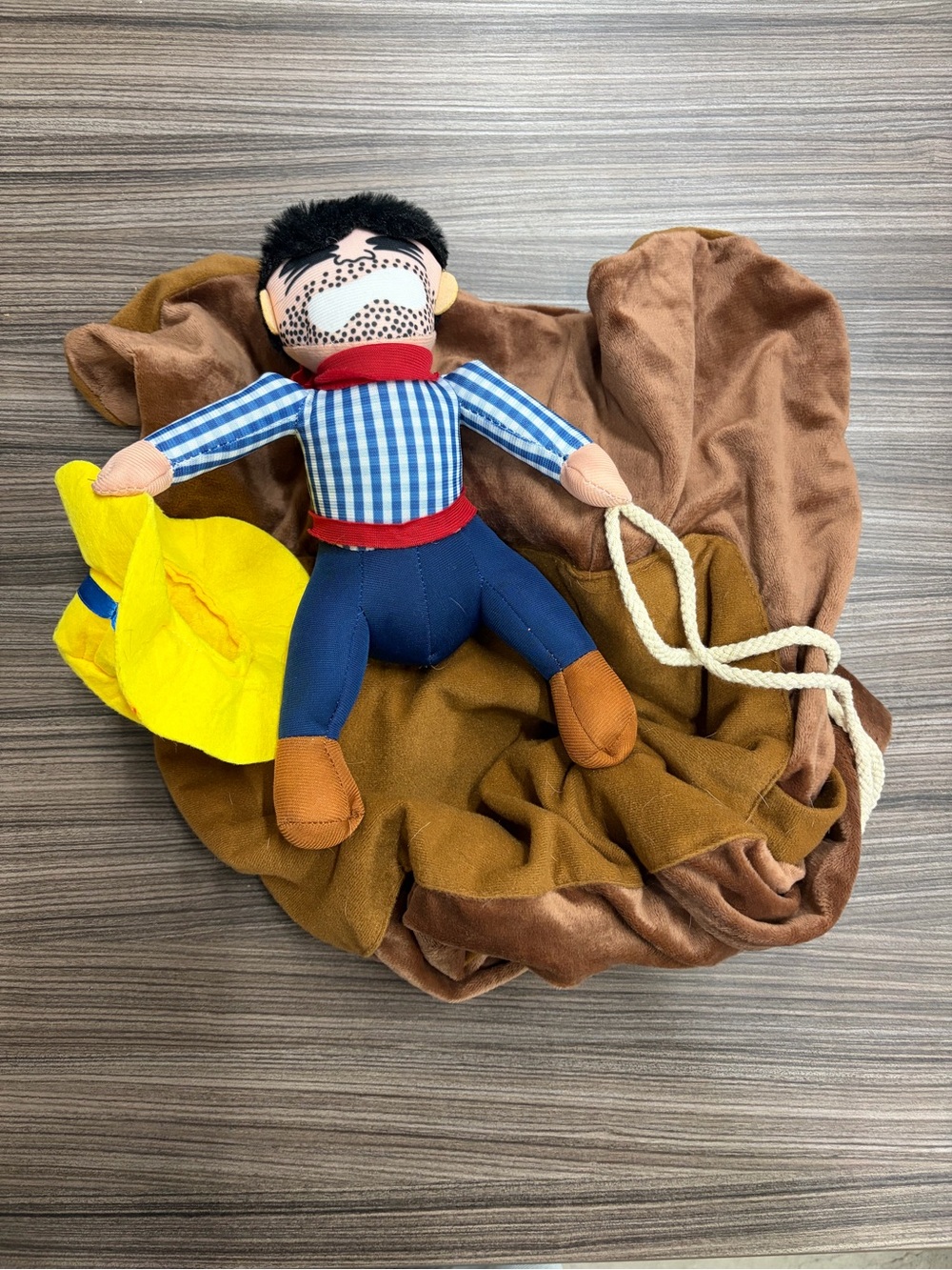 Blue-Checked Cowboy Plush Toy with Yellow Hat dog costume